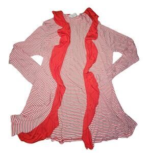 Betsey Boutique Shop Cardigan Open Ruffled Front Red White Striped  Large (703)